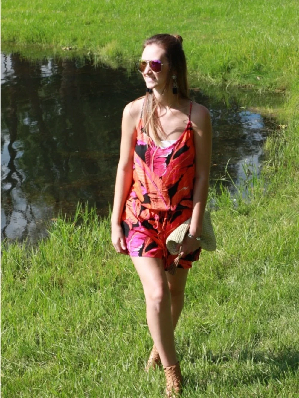 🌸Old Navy Tropical Palm Print Cami Romper Pockets Large Petite